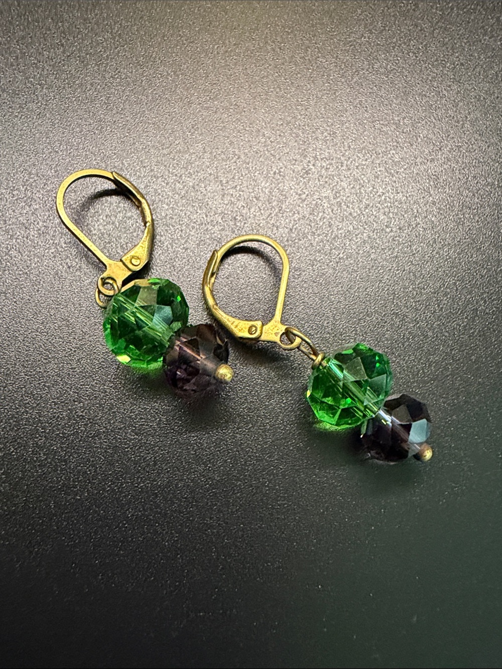 ❤️‍🔥 Green and Purple Crystal Drop Earrings with Gold Leverbacks
